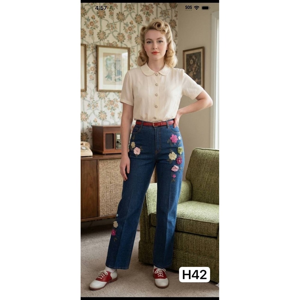 Vtg Very Vera Floral Embroidered Beaded Jeans Sz 8 Y2K Cottagecore Whimsigoth‎